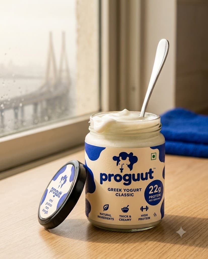 An open jar of Kosu & Co. Greek Yogurt Classic with a spoon standing upright in the thick yogurt, lid resting beside it, on a counter by a window overlooking the Bandra-Worli Sea Link